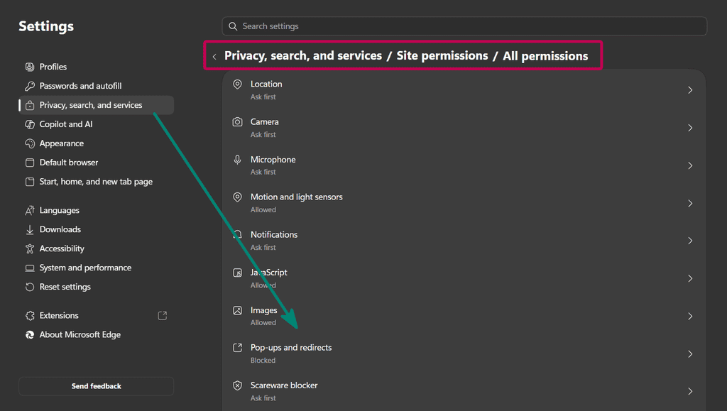turn off pop up blocker Edge