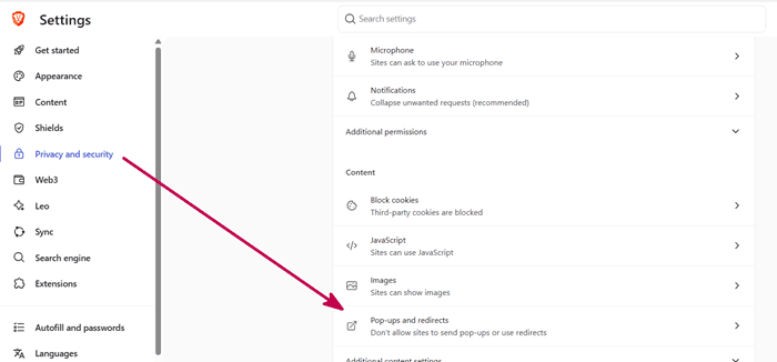 turn off pop up blocker brave